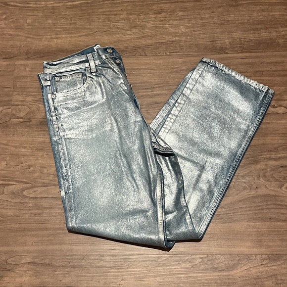 EB Denim Metallic Silver Blue High Rise Straight Leg Jeans - Picture 5 of 8